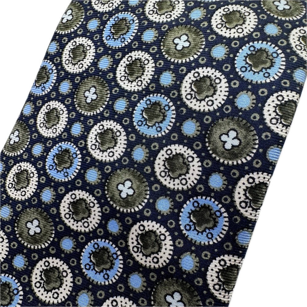 Jos. A. Bank Traveler Silk Tie Navy Blue Olive Geometric Medallion Necktie
